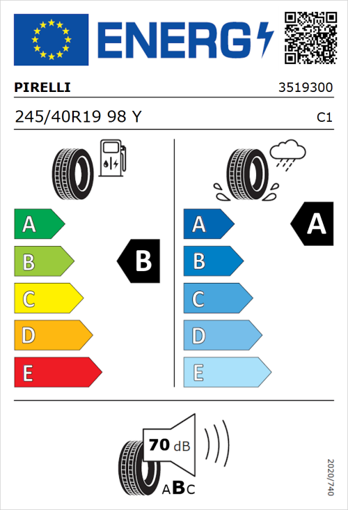 Tyre Label for Pirelli P Zero (PNCS) 245/40R19 98Y