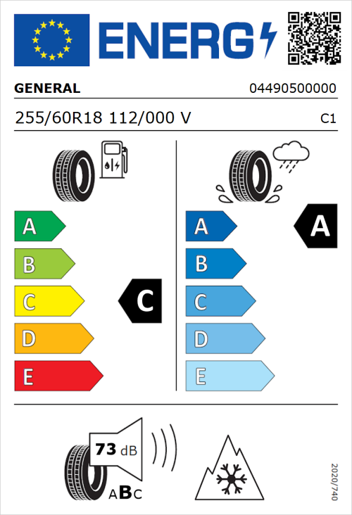 Tyre Label for General Grabber GT Plus 255/60R18 112/000V